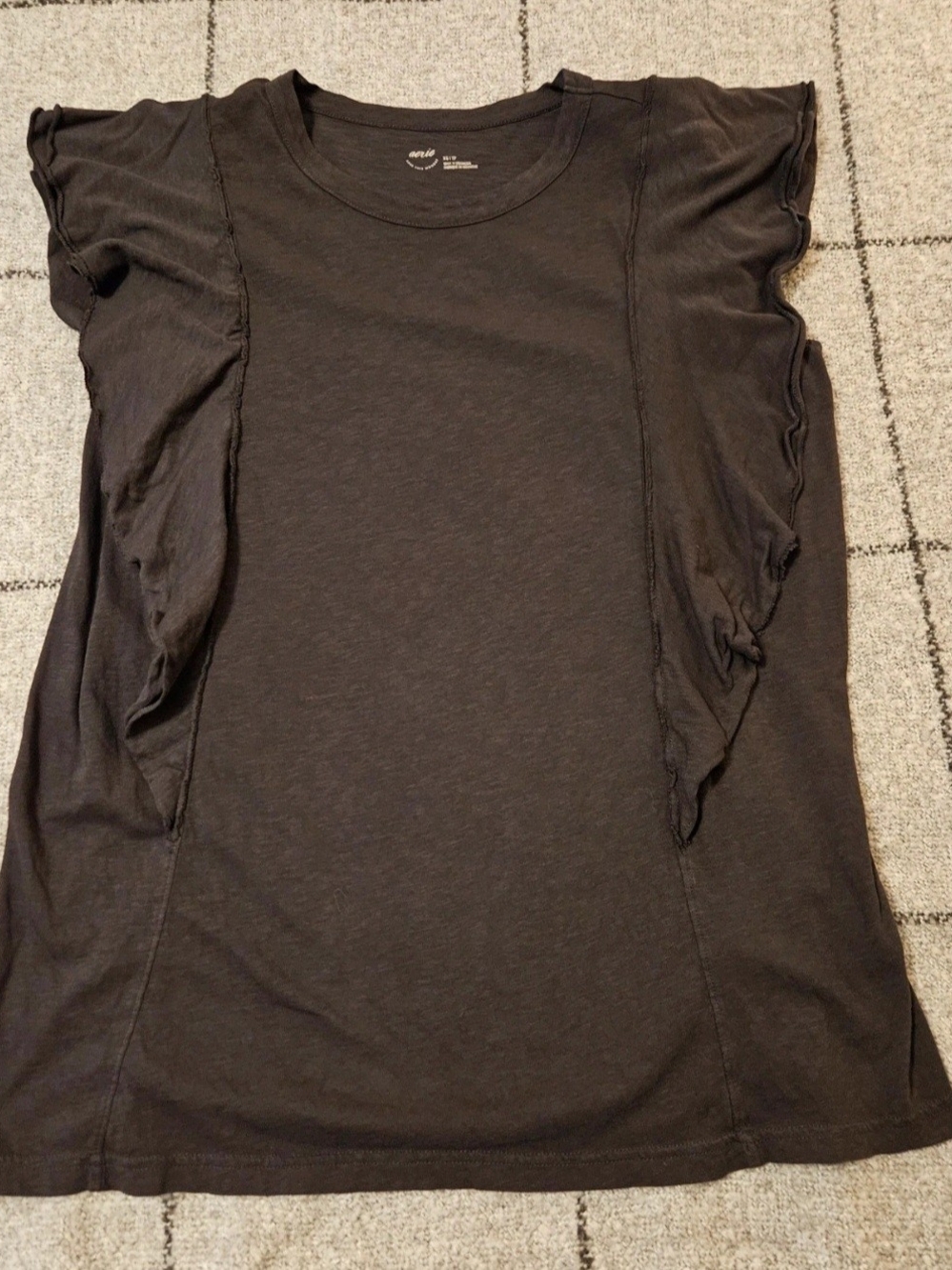 aerie Dark Gray Ruffle Sleeve Tee - Crew Neck Short Sleeve